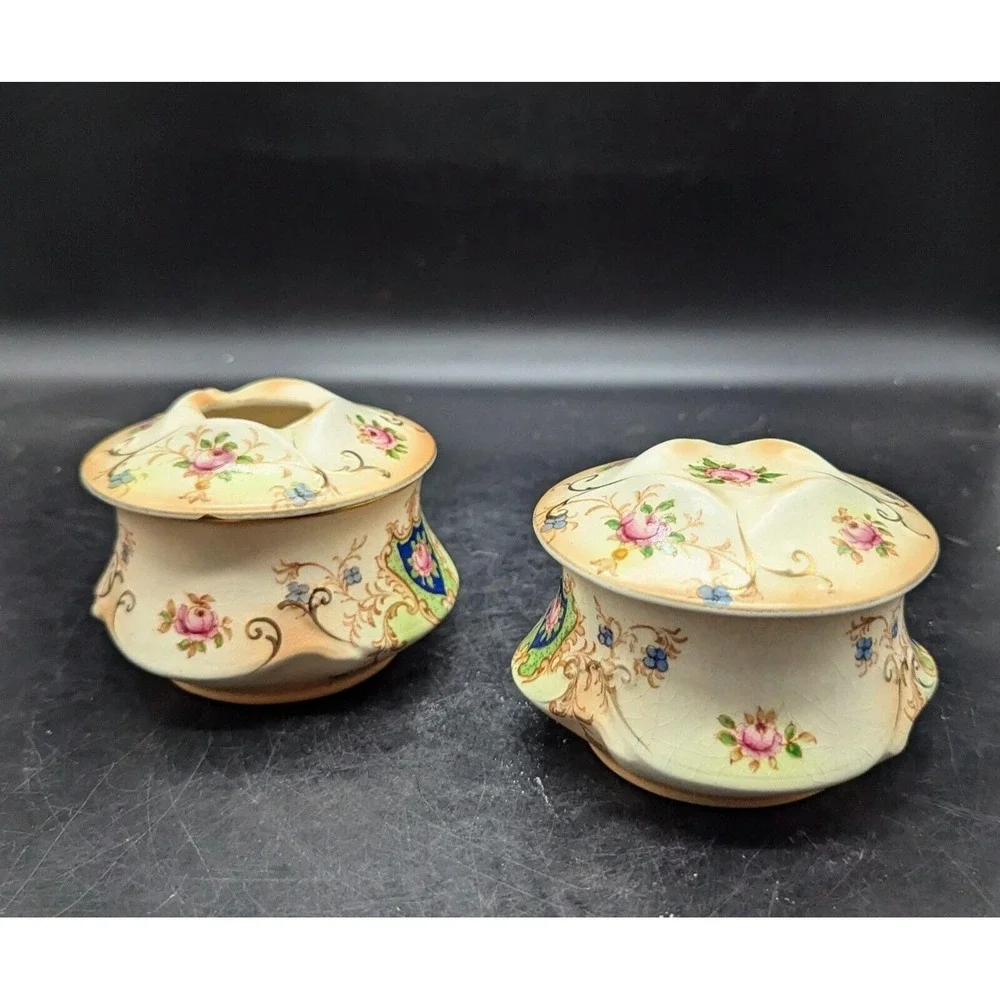 Set/2 Vintage CROWN DUCAL WARE Covered Dresser Box Hair Receiver Verona Rose